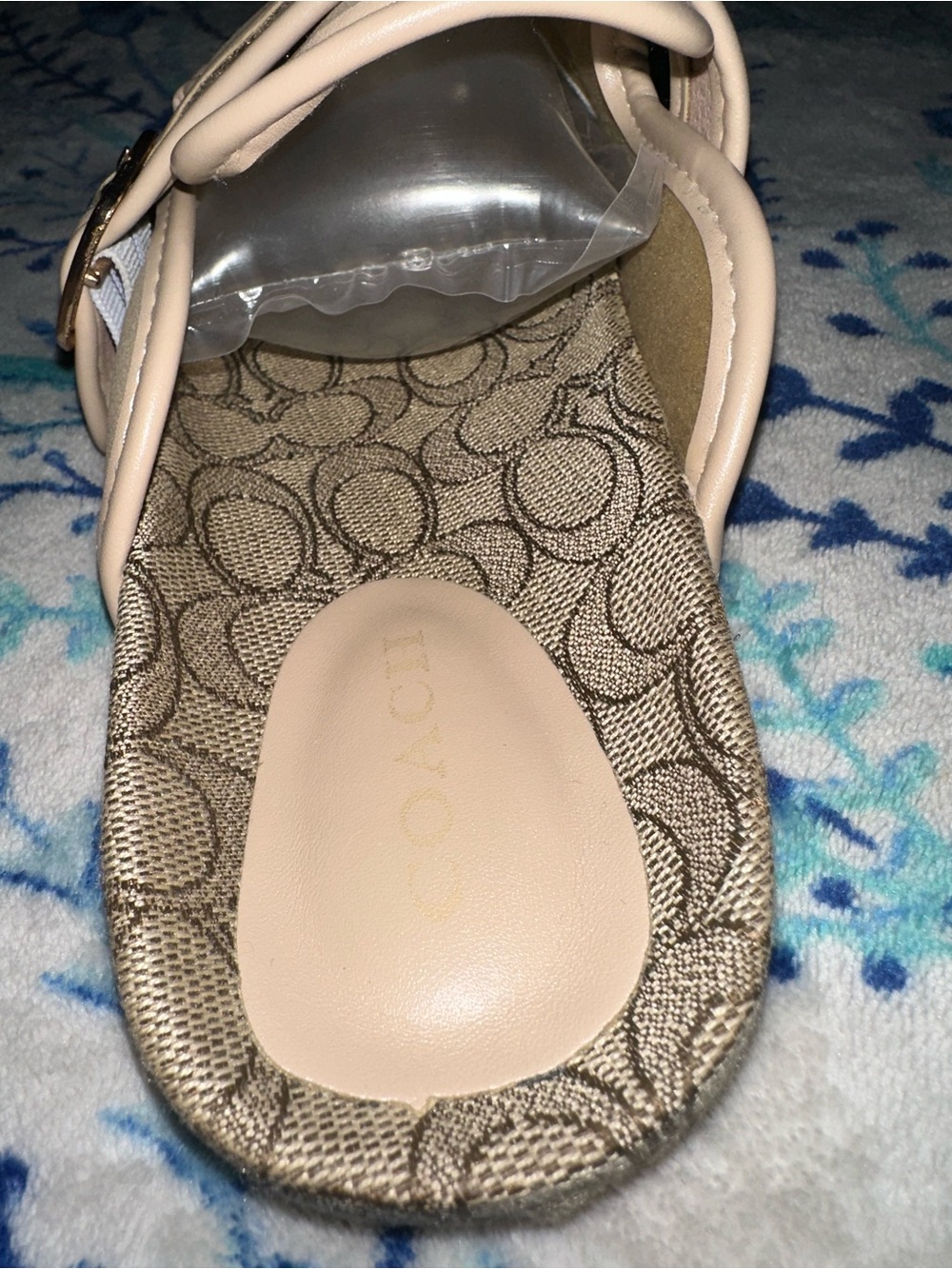 Coach Women’s Beige Leather Buckle Sandal with Signature Jacquard Insole